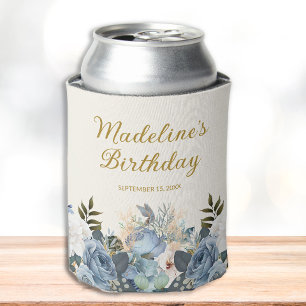 Porta-lata Azul Pó Branco Floral Dourado Aniversário Nome