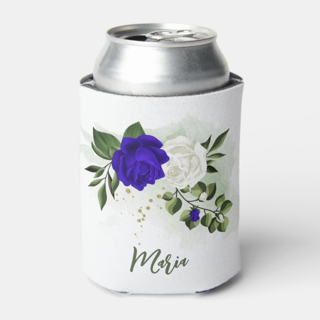 Porta-lata azul real & flores brancas folhagens (Can Front)