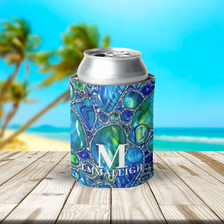 Porta-lata Azul Verde Contas de Vidro Brilhantes Monogramadas