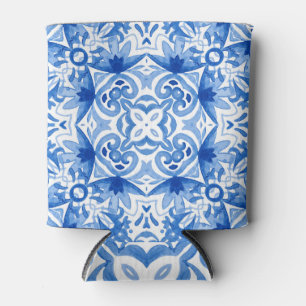 Porta-lata Azulejo branco azul, padrão uniforme de aquarela.