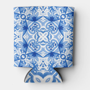 Porta-lata Azulejo branco azul, padrão uniforme de aquarela.