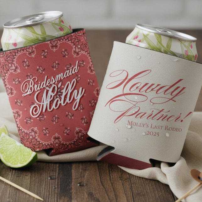 Porta-lata Bachelorette de Parceiro Red Howdy Personalizado (Western Howdy Partner Red Cowboy Bachelorette Can Cooler)