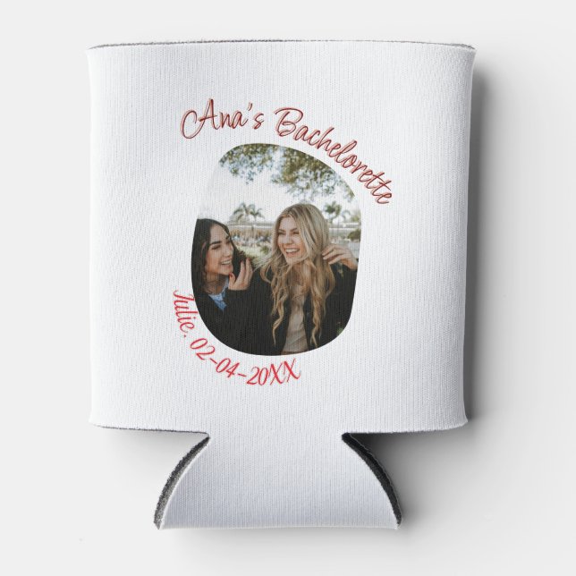 Porta-lata bachelorette party photo name date simple circular (Frente)