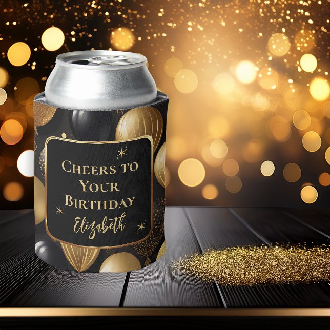 Porta-lata Balões de Aniversário Dourados Elegantes (Elegant Black | Gold Faux Glitter Balloons Pattern A021 "Cheers to Your Birthday" [Name] Can Cooler)