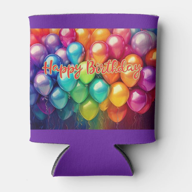 Porta-lata Baloões de Arco-Íris de Aniversário Feliz (Frente)