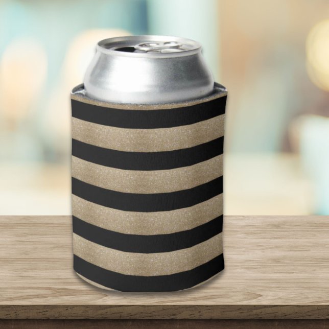 Porta-lata banda na moda geométrica negra e dourada da tendên (trendy stylish geometric black and gold stripes can cooler)