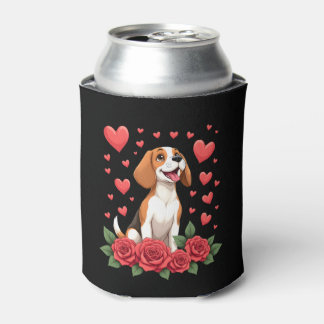 Porta-lata Beagle Fofo com Corações de Rosas Vermelhas Florai