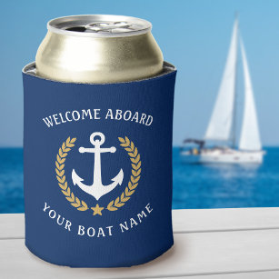 Porta-lata Bem-vindo a bordo Nome do Barco Anchor Dourado Mar