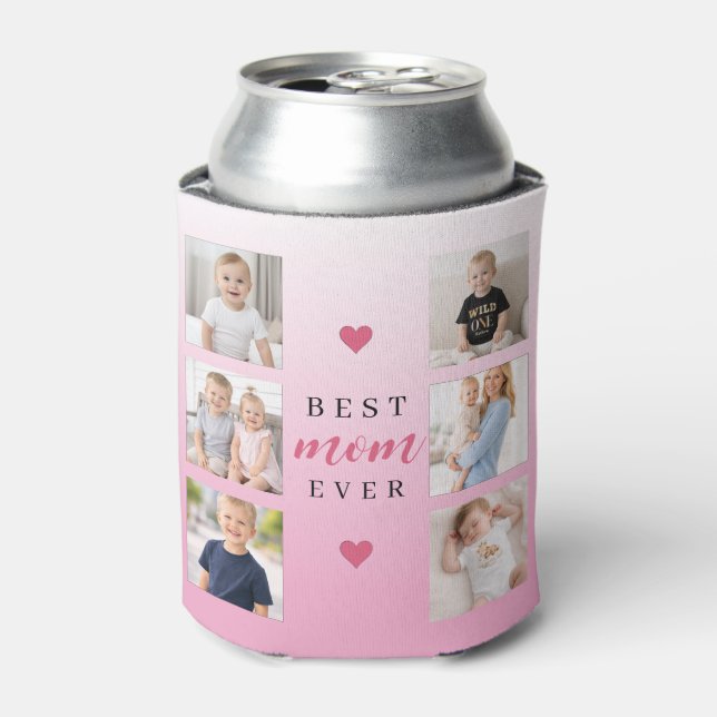 Porta-lata Best Mom Ever Personalized 7-Photo Collage Pink  (Can Front)