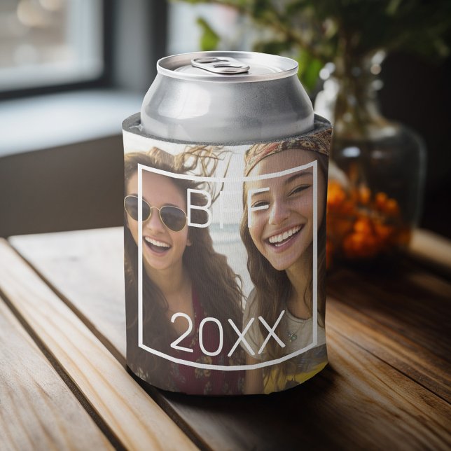 Porta-lata BFF - adicionar foto quadrada e data com borda bra (Personalized can cooler with an area to add photos and custom text)