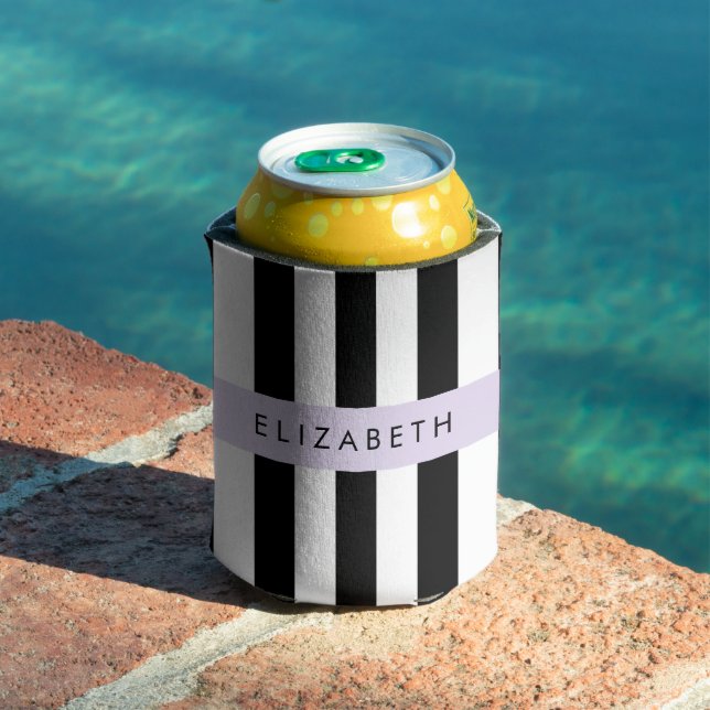 Porta-lata Black and White Stripes, Stripes, Linhas, Seu Nome (Piscina in situ)