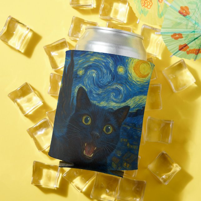 Porta-lata Black Cat Starry Night Van Gogh Cat Selfie (Verão in situ)