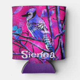 Porta-lata Blue Jay Bird Tree Branch Pink Personalized 