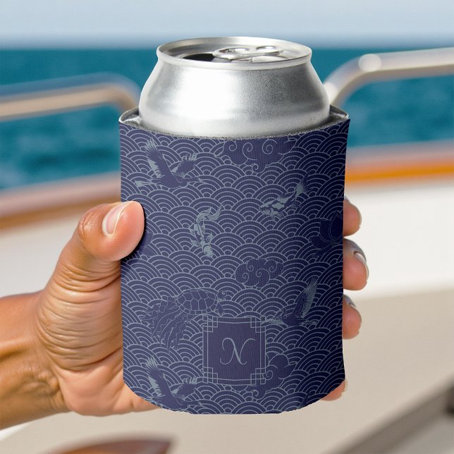Porta-lata Blue Traditional Japanese Wave Seigaiha Monogram (Criador carregado)