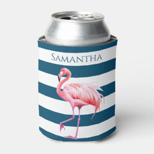 Porta-lata Blue White Stripes Cor-de-rosa Flamingo Nome Perso