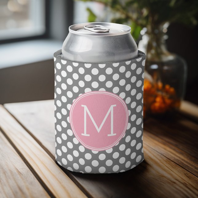 Porta-lata Bolinhas rosa e Cinzas - Monograma clássico (Celebrate with a personalized can cooler - add your name or monogram. Great party favor or gift)