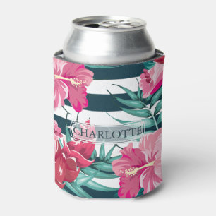 Porta-lata Bonita Flores Rosa Exótica Monograma listrado