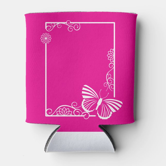 Porta-lata Bonito resfriador da borboleta branca - Fuschia (Frente)
