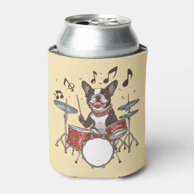Porta-lata Boston Terrier Dog Playing Drums (Can Front)
