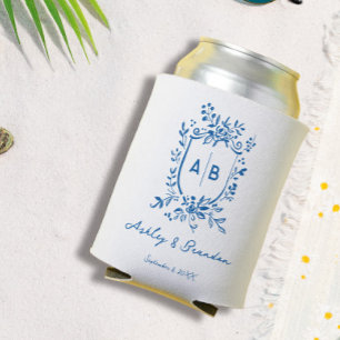 Porta-lata Brasão Monograma Caprichoso Azul Francês Casamento