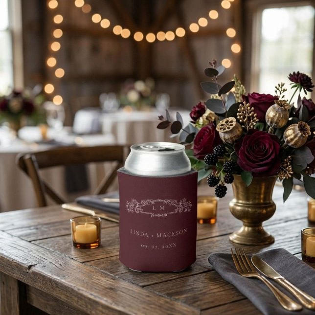 Porta-lata Burgundy botanical crest monogram wedding (Criador carregado)