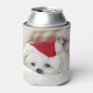 Porta-lata Cachorro Branco bonito num chapéu de Natal Vermelh