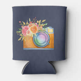 Porta-lata Câmera Laranja Boho e Buquê Floral Aquarela