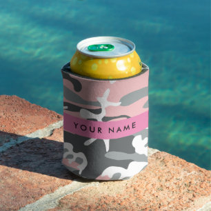 Porta-lata Camuflagem Rosa e Cinza Personalize seu nome