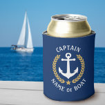 Porta-lata Capitão Seu Nome De Barco Ancora Dourado Marinho L<br><div class="desc">Uma lata personalizada pode resfriar com o capitão ou outro título e seu nome de barco, nome de família ou outro texto desejado. Apresentando uma âncora náutica personalizada, folhas de ouro e emblema estelar desenhados em azul-marinho ou mudando facilmente a cor de base conforme desejado. Faz um presente excelente para...</div>