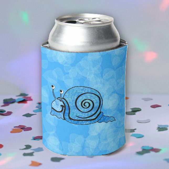 Porta-lata Cartoon Azul-Cartoon Sorridente (Cute cartoon smiling snail with blue shell on blue patterned drink can cooler.)