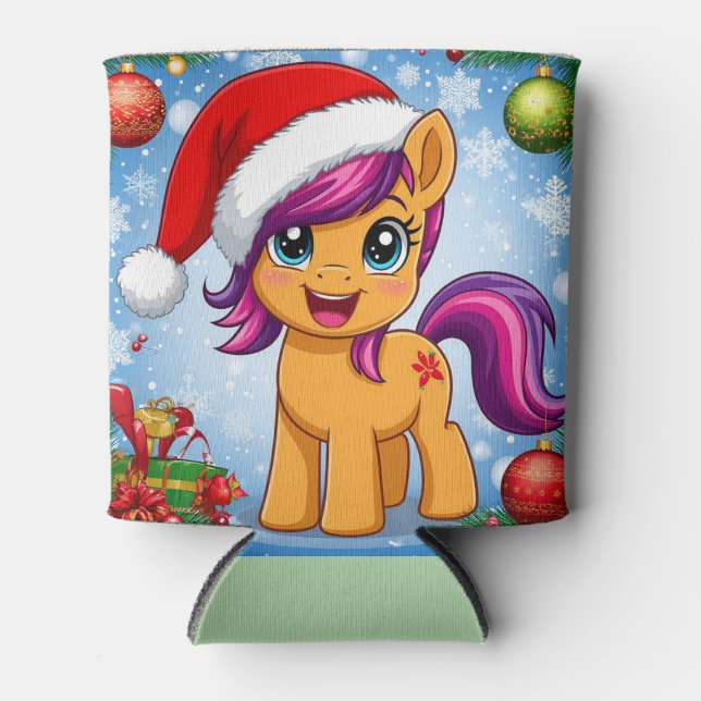 Porta-lata Cartoon festivo Pony Vestindo Santa Hat (Frente)