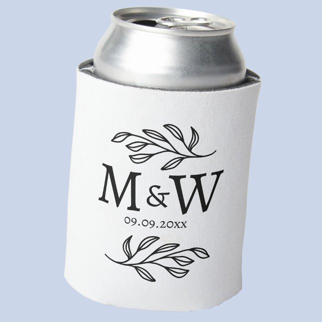 Porta-lata Casal Monograma Data de Casamento Elegante Botânic (Modern wedding couple monogram initials date botanical leaf can cooler)