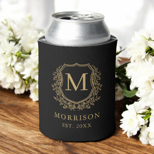 Porta-lata Casamento Botânico Dourado com o Monograma Negro