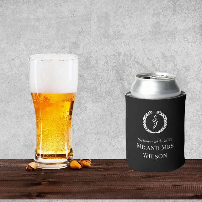 Porta-lata Casamento da Terra do Monograma Preto Elegante (Criador carregado)