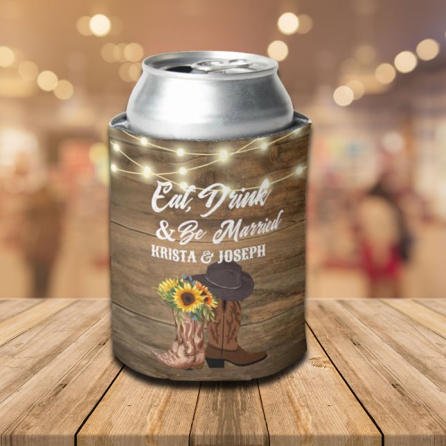 Porta-lata Casamento de Cowboy Boots Sunflower Western (Cowboy Boots Sunflower Western Wedding Can Cooler)