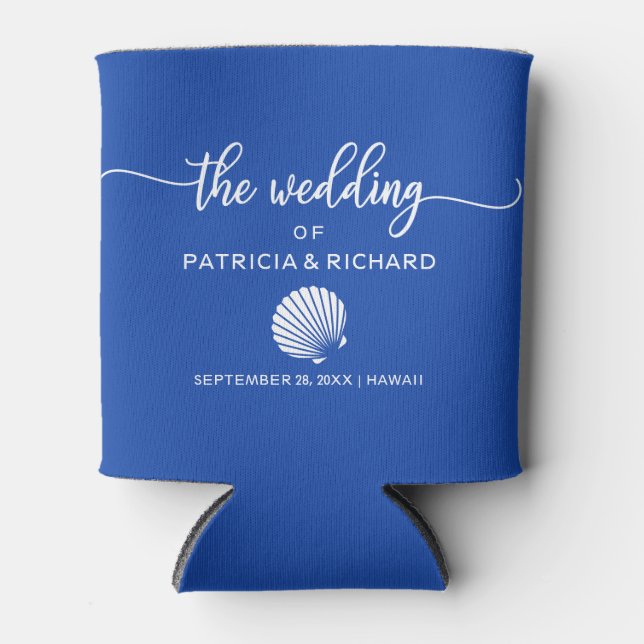 Porta-lata Casamento de Destino de Praia Seashell Royal Blue (Frente)