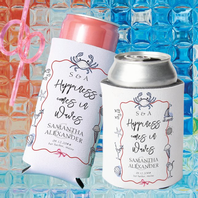 Porta-lata Casamento de Destino na Praia com Doodle de Frutos (Coastal Maine Beach Blue Crab Doodles Destination Wedding Favors Can Cooler Elegant Preppy Script)