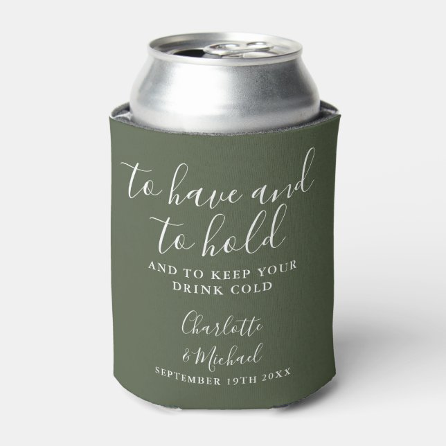 Porta-lata Casamento de Letra Cursiva Assinatura Verde Oliva  (Can Front)