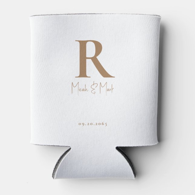 Porta-lata Casamento de Monograma Branco e Dourado (Frente)