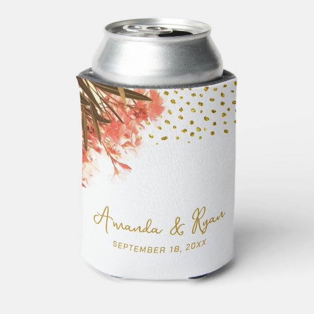 Porta-lata Casamento Dourado com Lente Laranja Flores (Can Back)