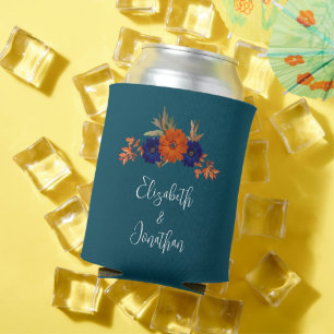 Porta-lata Casamento Floral Azul de Marinho Laranja de Outono