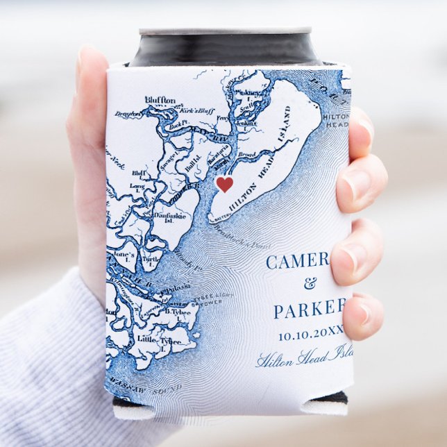 Porta-lata Casamento Marinho Azul da Ilha Elegante Hilton Hea (Hilton Head Island Wedding Can Coozie Georgia navy blue wedding favor from Coastal Map Designs)