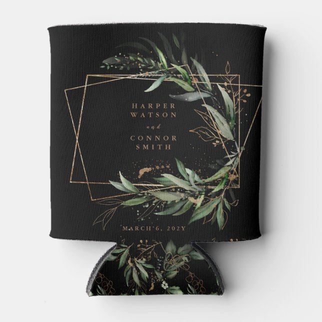 Porta-lata Casamento Negro Elegante Geométrico Eucalyptus Dou (Frente)