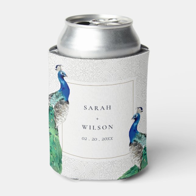 Porta-lata Casamento Peacock de Aquarela com Ornamentado Clás (Can Front)