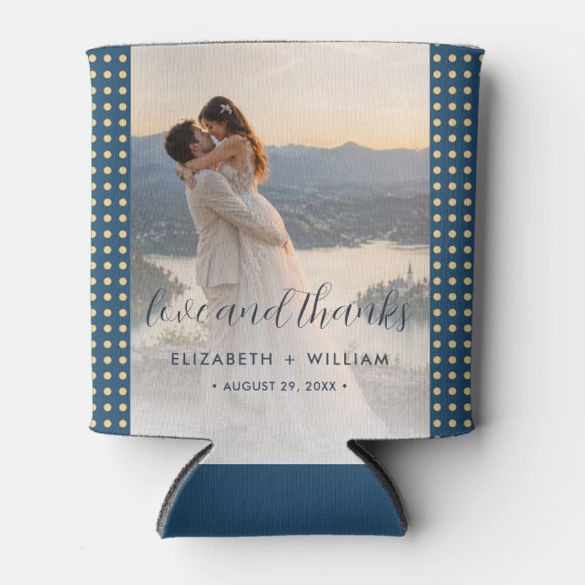 Porta-lata Casamento personalizado com bolinhas douradas e az (Frente)