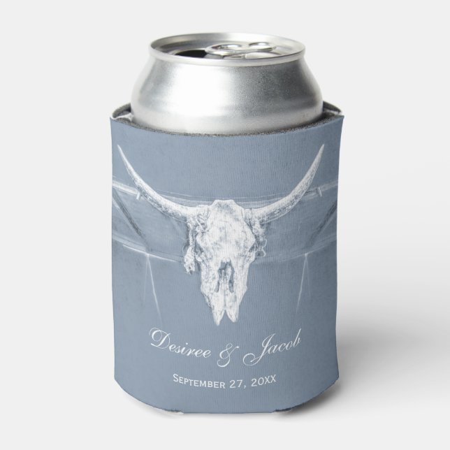 Porta-lata Casamento Rustic Dusty Blue Cow West Skull (Can Front)