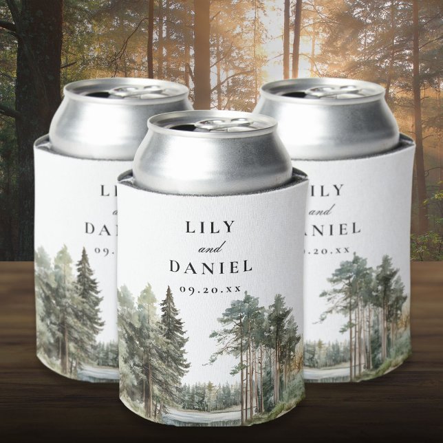 Porta-lata Casamento Rústico em Floresta de Madeira à Beira d (Rustic Watercolor Lake Forest Woodland Wedding Can Cooler)