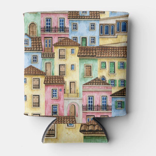 Porta-lata Casas de Lisboa: Padrão Funicular de Aquarela. (Frente)