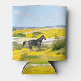 Porta-lata Cavalo Negro Correndo no Campo de Flores