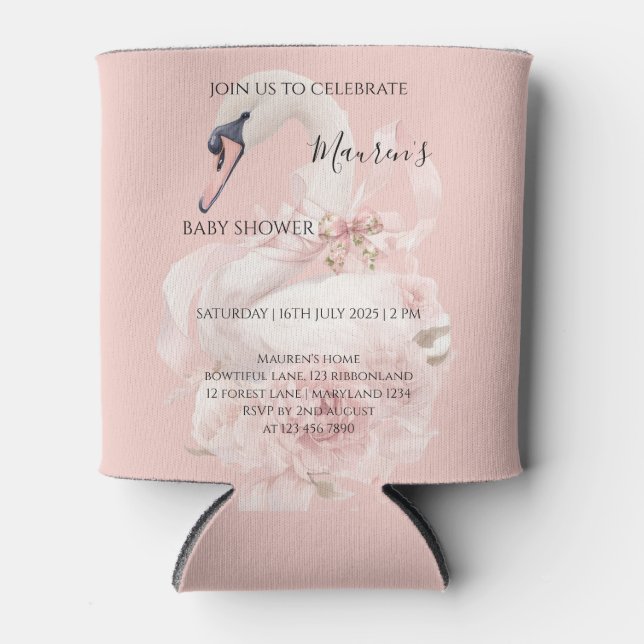 Porta-lata Chá de Bebê Menina com Laço Rosa (Frente)